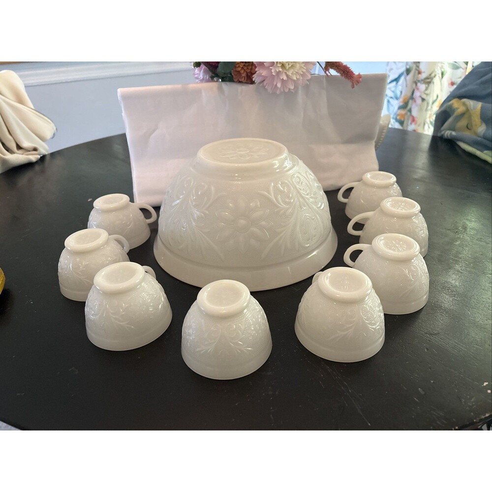 Anchor Hocking Sandwich White Milk Glass Punch Bowl 8 Cups Vintage Glassware Set